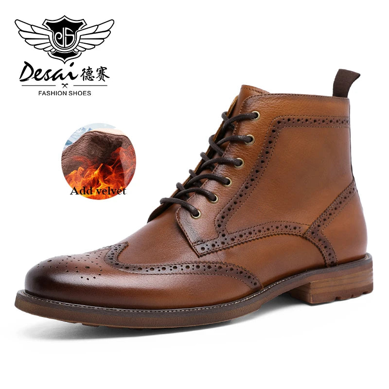 Desai Men's New Brogue Genuine Leather Boots Fleece-lined Shoes Fashion Boots,Warm,Large Size, Casual, Lace-up, Zipper,Gifts