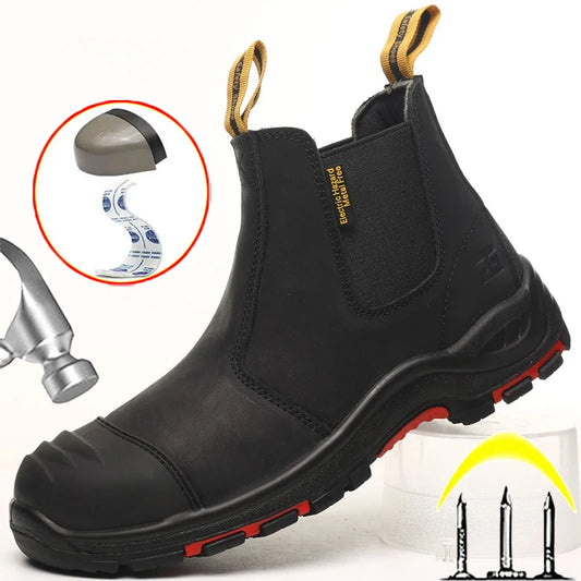 Genuine Leather Men's Boots Work Safety Shoes Anti-smash Anti-puncture  Anti Scalding Welder Shoes Protective Chelsea Boots Male