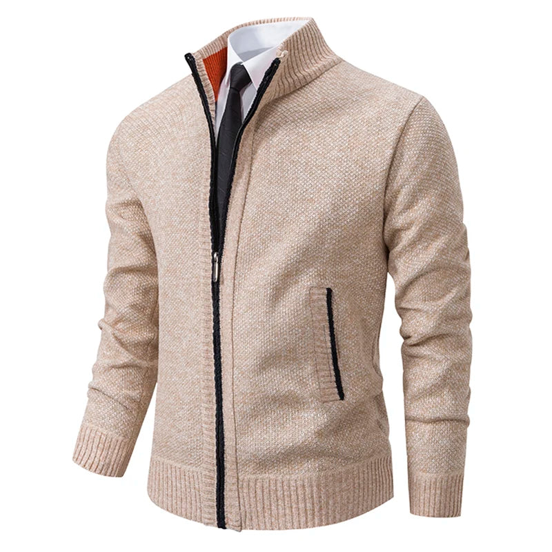 Men's Classic Fleece Zipper Cardigan – Stand Collar, Stylish Design for Casual Elegance