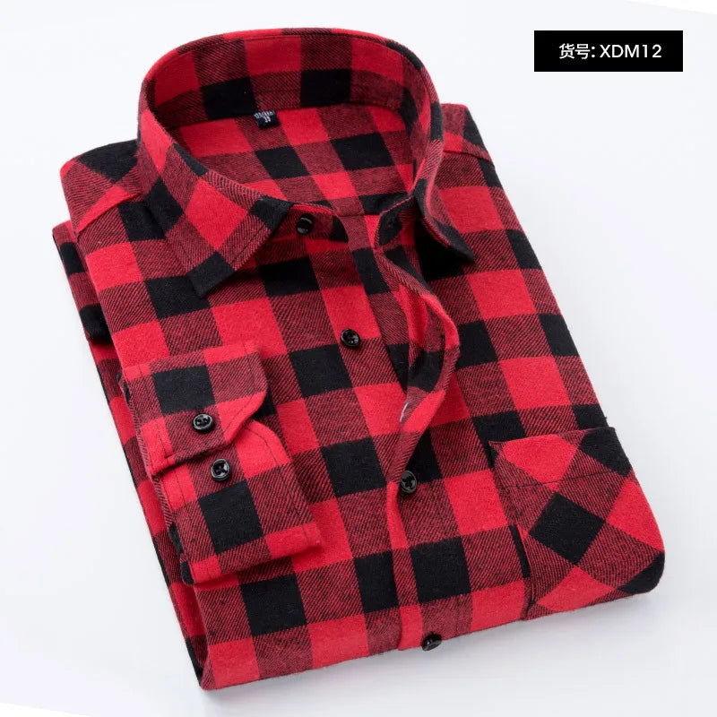 Spring and Autumn Fashion Cotton Long Sleeve Men's Shirt New Brushed Red Plaid Business Leisure Fit Flannel No iron