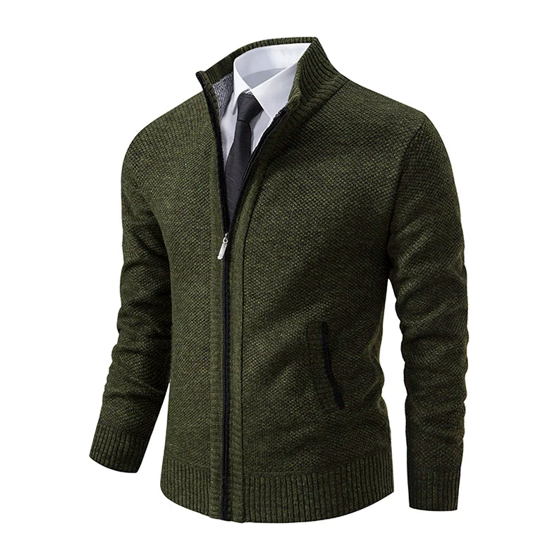 Men's Classic Fleece Zipper Cardigan – Stand Collar, Stylish Design for Casual Elegance