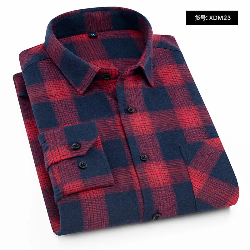 Spring and Autumn Fashion Cotton Long Sleeve Men's Shirt New Brushed Red Plaid Business Leisure Fit Flannel No iron