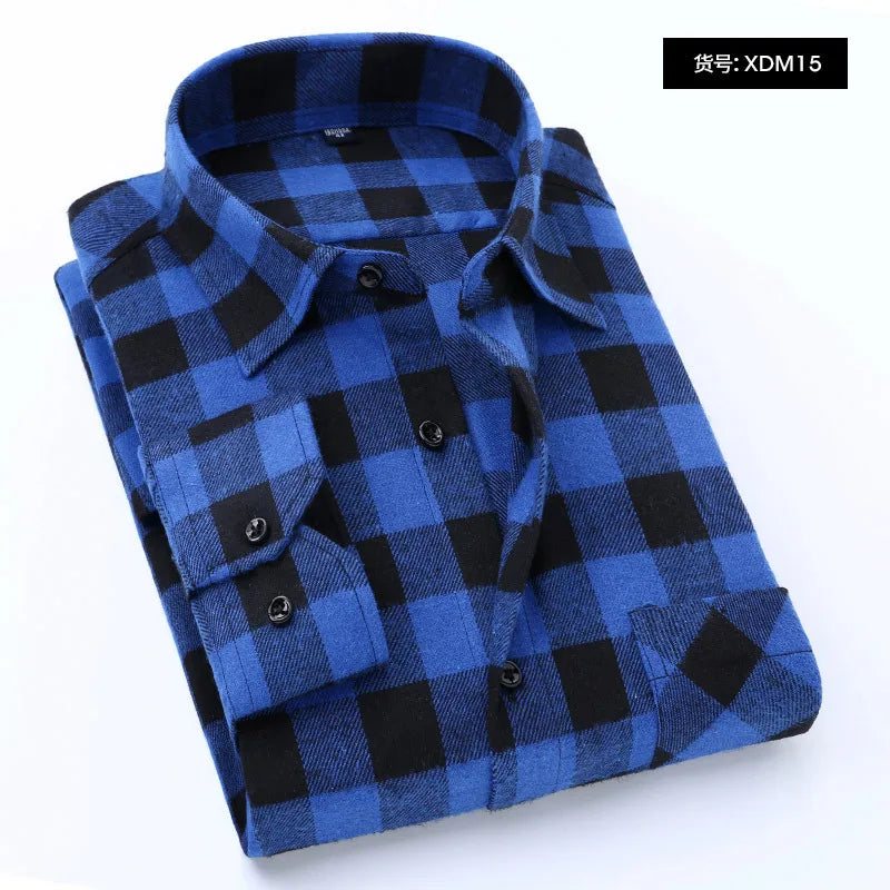 Spring and Autumn Fashion Cotton Long Sleeve Men's Shirt New Brushed Red Plaid Business Leisure Fit Flannel No iron