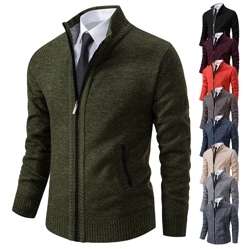 Men's Classic Fleece Zipper Cardigan – Stand Collar, Stylish Design for Casual Elegance