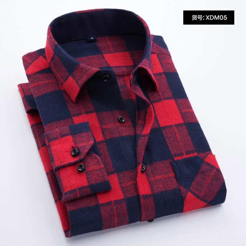 Spring and Autumn Fashion Cotton Long Sleeve Men's Shirt New Brushed Red Plaid Business Leisure Fit Flannel No iron