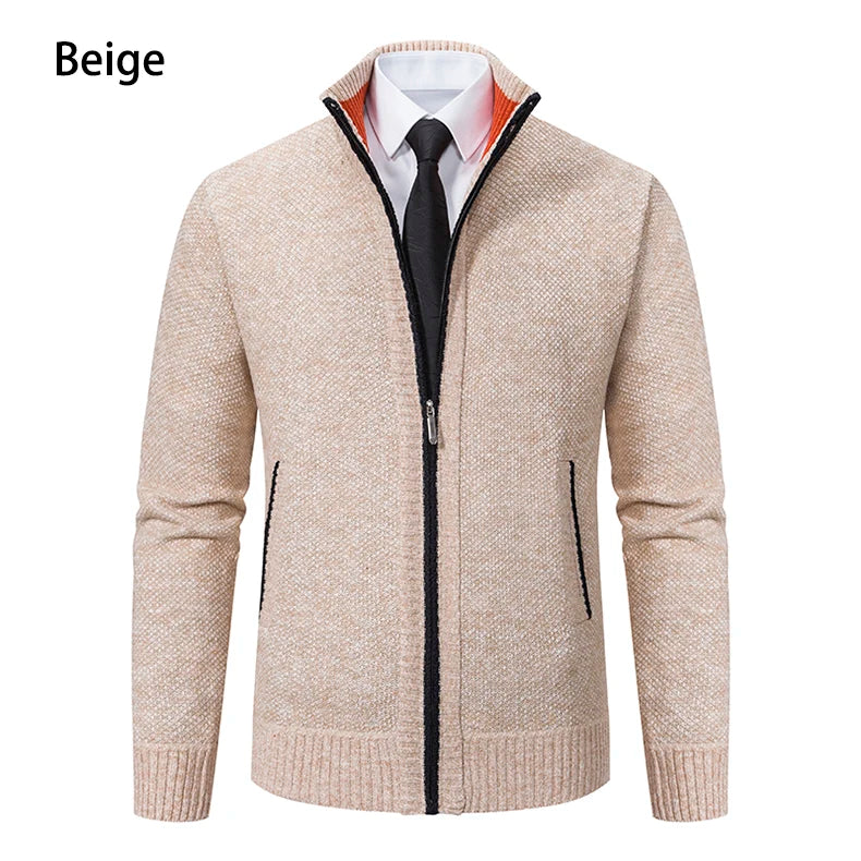 Men's Classic Fleece Zipper Cardigan – Stand Collar, Stylish Design for Casual Elegance