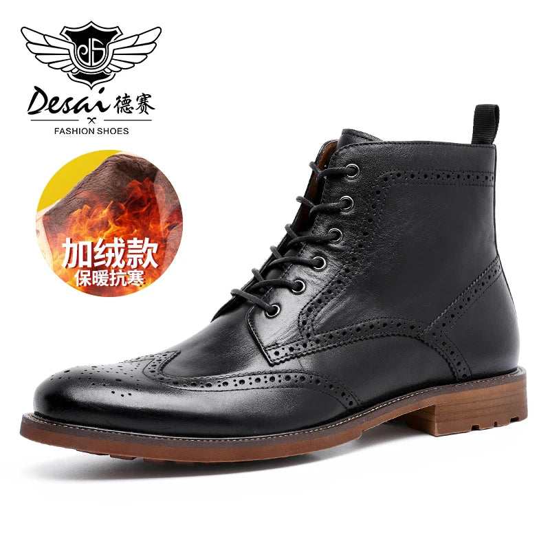 Desai Men's New Brogue Genuine Leather Boots Fleece-lined Shoes Fashion Boots,Warm,Large Size, Casual, Lace-up, Zipper,Gifts