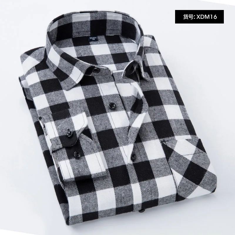 Spring and Autumn Fashion Cotton Long Sleeve Men's Shirt New Brushed Red Plaid Business Leisure Fit Flannel No iron