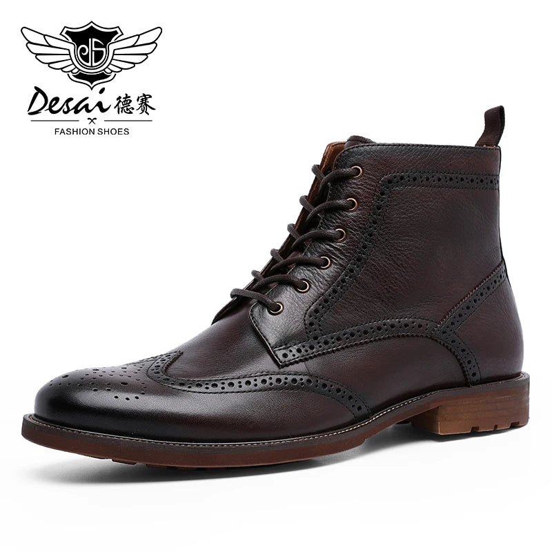 Desai Men's New Brogue Genuine Leather Boots Fleece-lined Shoes Fashion Boots,Warm,Large Size, Casual, Lace-up, Zipper,Gifts