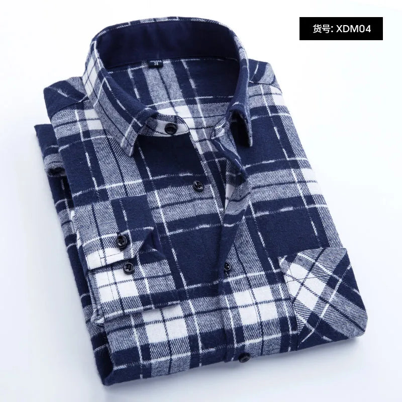 Spring and Autumn Fashion Cotton Long Sleeve Men's Shirt New Brushed Red Plaid Business Leisure Fit Flannel No iron