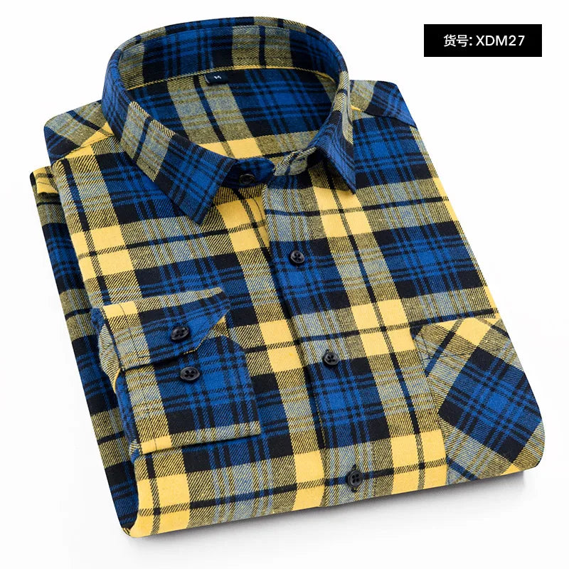 Spring and Autumn Fashion Cotton Long Sleeve Men's Shirt New Brushed Red Plaid Business Leisure Fit Flannel No iron