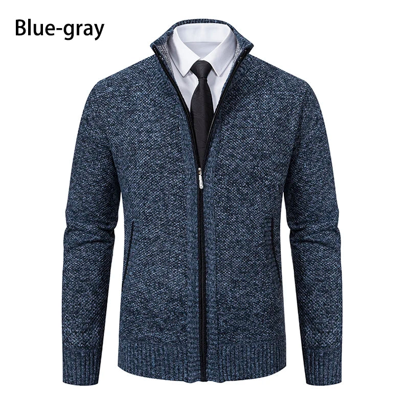 Men's Classic Fleece Zipper Cardigan – Stand Collar, Stylish Design for Casual Elegance