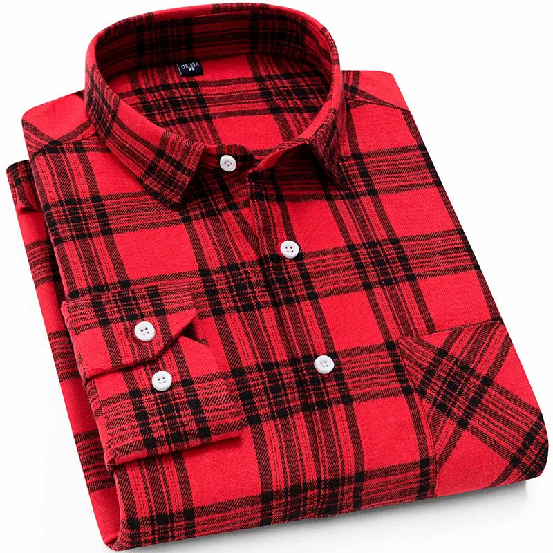 Spring and Autumn Fashion Cotton Long Sleeve Men's Shirt New Brushed Red Plaid Business Leisure Fit Flannel No iron